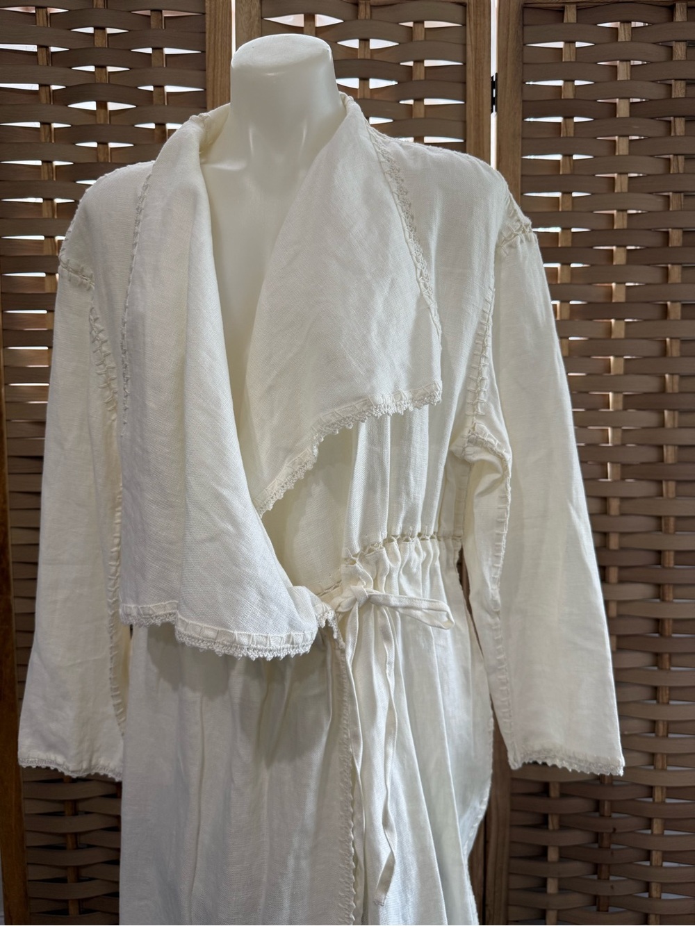 ZARA WOMAN L 100% Linen  Draped Crocheted Stitch Detailed Summer Duster Jacket